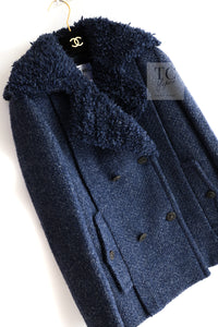 CHANEL 12A Navy Boa Collars Wool Double Breasted Tweed Jacket Coat 36 38 シャネル ネイビー ボア襟付き ウール ダブル コート ジャケット 即発