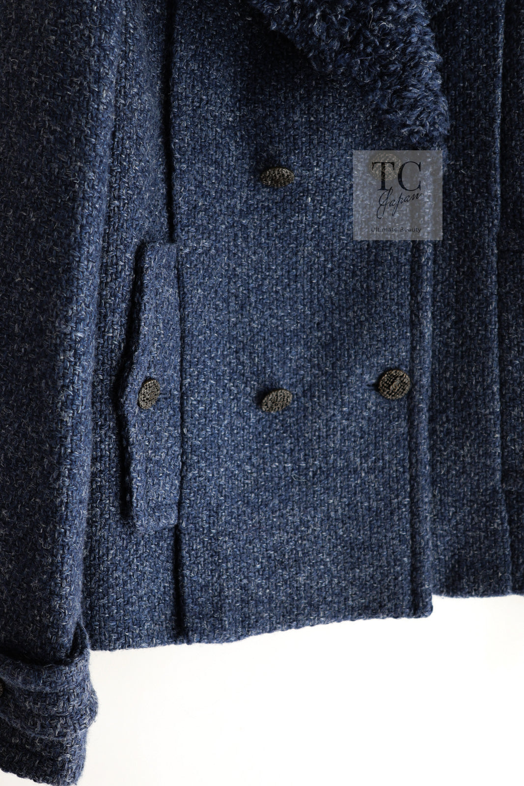 CHANEL 12A Navy Boa Collars Wool Double Breasted Tweed Jacket Coat 36 38 シャネル ネイビー ボア襟付き ウール ダブル コート ジャケット 即発
