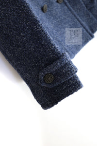 CHANEL 12A Navy Boa Collars Wool Double Breasted Tweed Jacket Coat 36 38 シャネル ネイビー ボア襟付き ウール ダブル コート ジャケット 即発