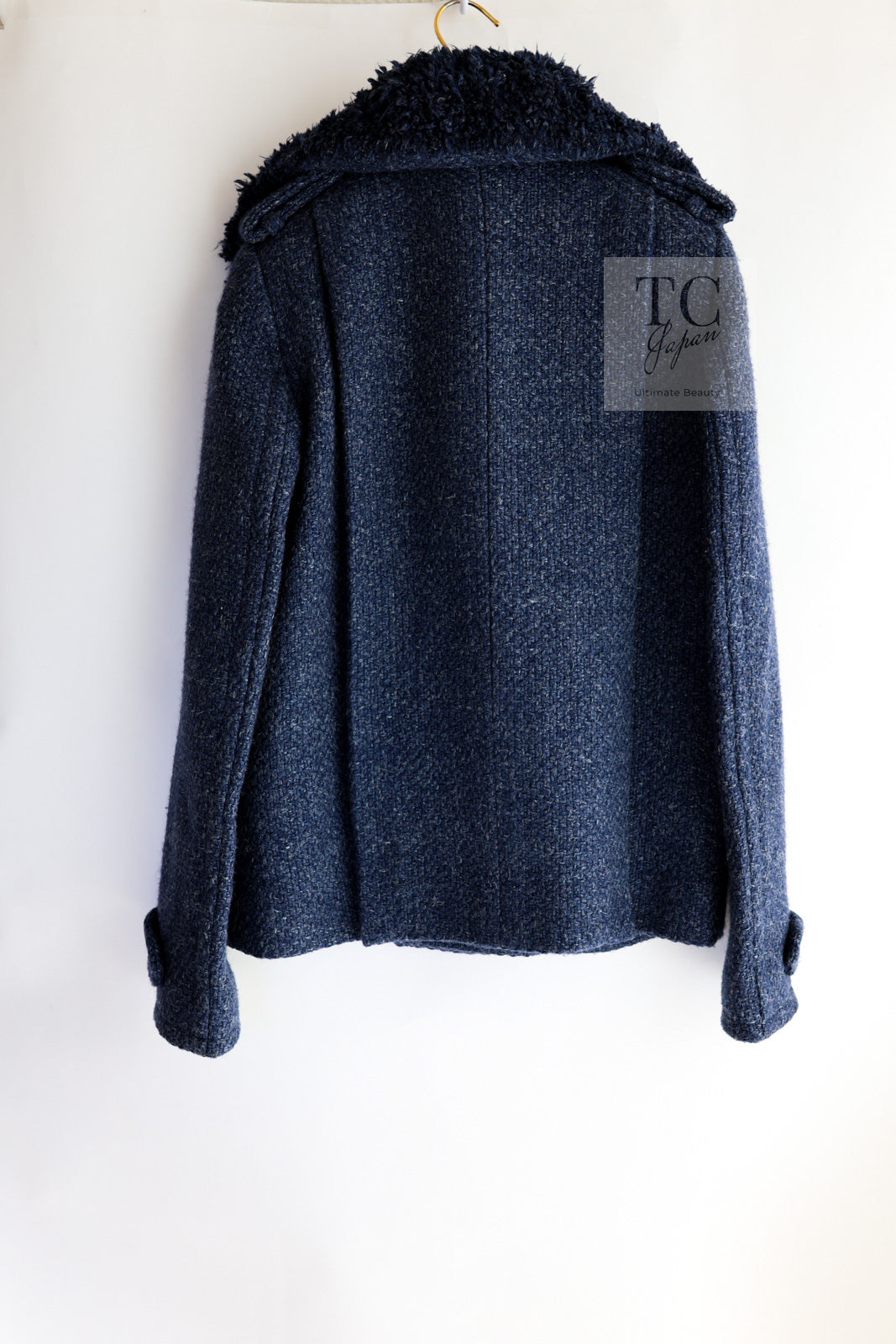 CHANEL 12A Navy Boa Collars Wool Double Breasted Tweed Jacket Coat 36 38 シャネル ネイビー ボア襟付き ウール ダブル コート ジャケット 即発