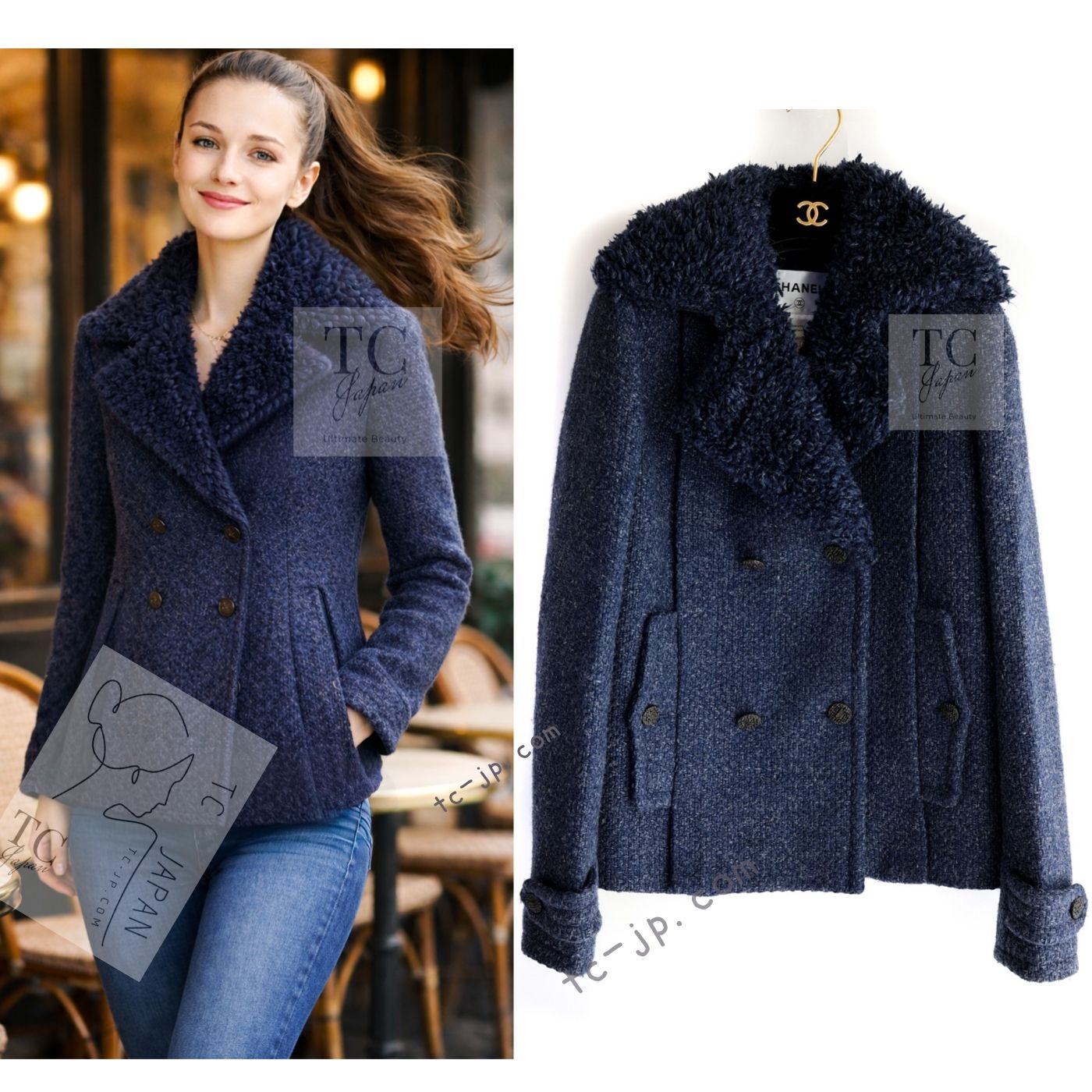 CHANEL 12A Navy Boa Collars Wool Double Breasted Tweed Jacket Coat 36 38 シャネル ネイビー ボア襟付き ウール ダブル コート ジャケット 即発
