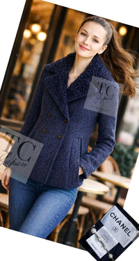 CHANEL 12A Navy Boa Collars Wool Double Breasted Tweed Jacket Coat 36 38 シャネル ネイビー ボア襟付き ウール ダブル コート ジャケット 即発