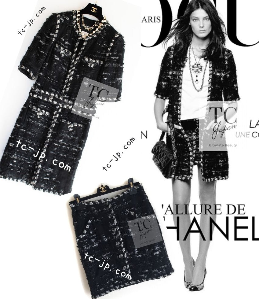 シャネル コート セットアップ CHANEL 06A Black Wool Mohair Silk Belted Princess Monaco  Tweed Jacket Coat Setup Skirt 女優 モナコ王妃のブラック ウール モヘア シルク ベルト付 ツイード ジャケット  スカート – TC JAPAN