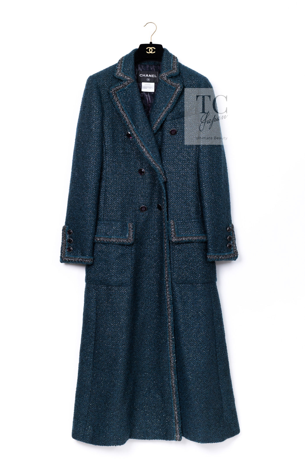 CHANEL 12A Emerald Green Metallic Long Tweed Coat 34 36 シャネル エメラルド グリーン メタリック ツイード ロング コート 即発