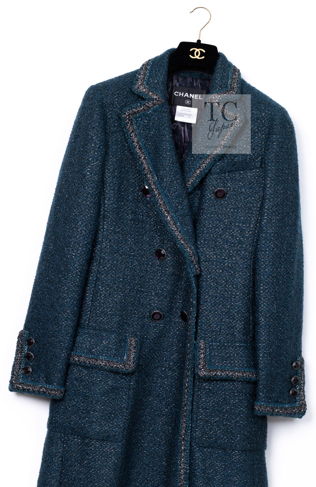 CHANEL 12A Emerald Green Metallic Long Tweed Coat 34 36 シャネル エメラルド グリーン メタリック ツイード ロング コート 即発