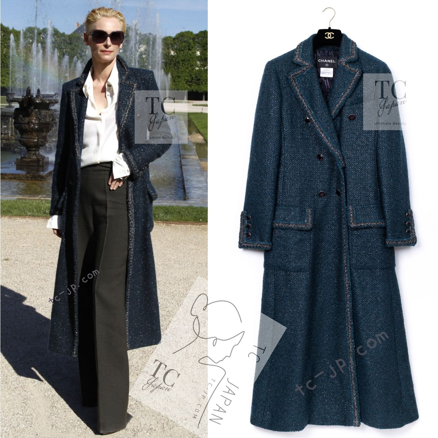 CHANEL 12A Emerald Green Metallic Long Tweed Coat 34 36 シャネル エメラルド グリーン メタリック ツイード ロング コート 即発