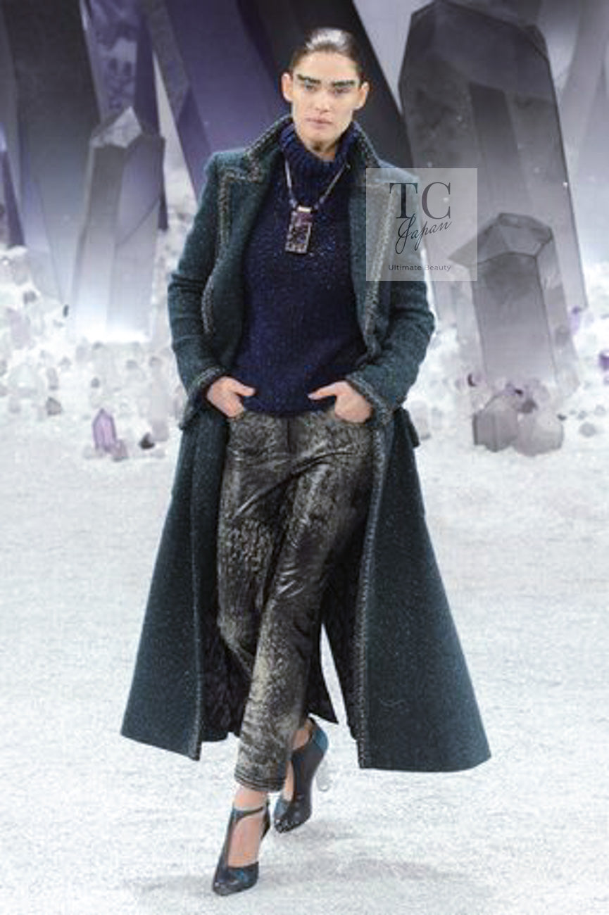 CHANEL 12A Emerald Green Metallic Long Tweed Coat 34 36 シャネル エメラルド グリーン メタリック ツイード ロング コート 即発