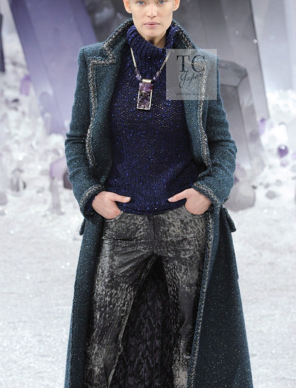 CHANEL 12A Emerald Green Metallic Long Tweed Coat 34 36 シャネル エメラルド グリーン メタリック ツイード ロング コート 即発