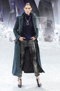 CHANEL 12A Emerald Green Metallic Long Tweed Coat 34 36 シャネル エメラルド グリーン メタリック ツイード ロング コート 即発