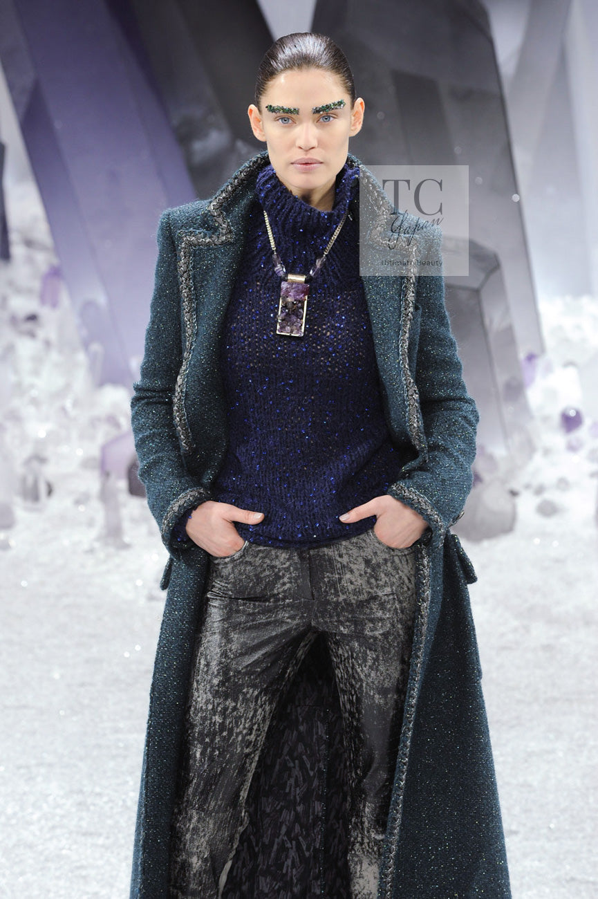 CHANEL 12A Emerald Green Metallic Long Tweed Coat 34 36 シャネル エメラルド グリーン メタリック ツイード ロング コート 即発