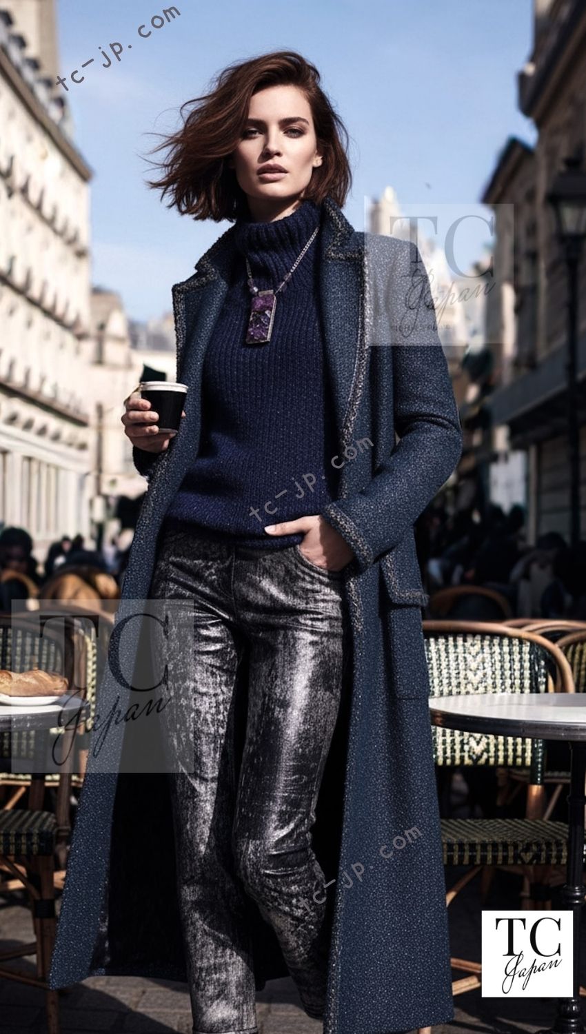 CHANEL 12A Emerald Green Metallic Long Tweed Coat 34 36 シャネル エメラルド グリーン メタリック ツイード ロング コート 即発