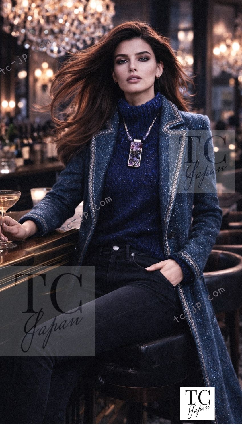 CHANEL 12A Emerald Green Metallic Long Tweed Coat 34 36 シャネル エメラルド グリーン メタリック ツイード ロング コート 即発