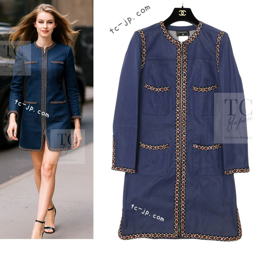 CHANEL 04A Blue Cotton Denim Zipper Dress Coat 38 シャネル ブルー コットン デニム ジッパー ワンピース コート 即発