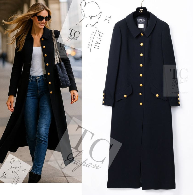 CHANEL 96A Vintage Black Gold Button Wool Long Coat 42 シャネル ヴィンテージ ブラック ゴールド ボタン ウール ロング コート 即発