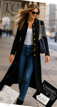 CHANEL 96A Vintage Black Gold Button Wool Long Coat 42 シャネル ヴィンテージ ブラック ゴールド ボタン ウール ロング コート 即発