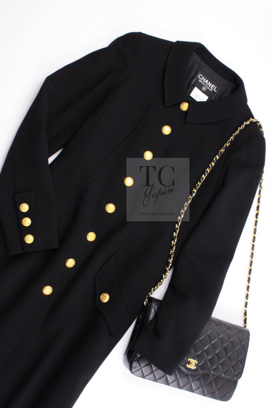 CHANEL 96A Vintage Black Gold Button Wool Long Coat 42 シャネル ヴィンテージ ブラック ゴールド ボタン ウール ロング コート 即発