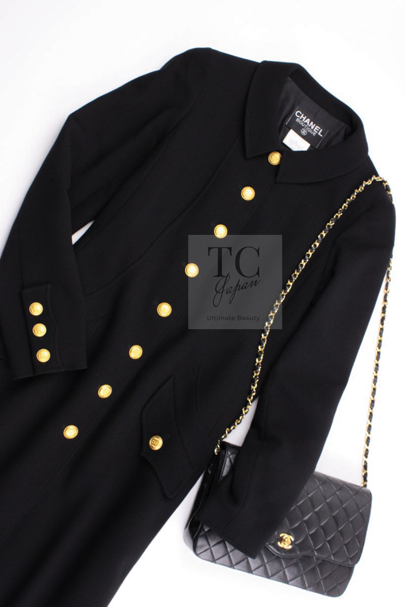 CHANEL 96A Vintage Black Gold Button Wool Long Coat 42 シャネル ヴィンテージ ブラック ゴールド ボタン ウール ロング コート 即発