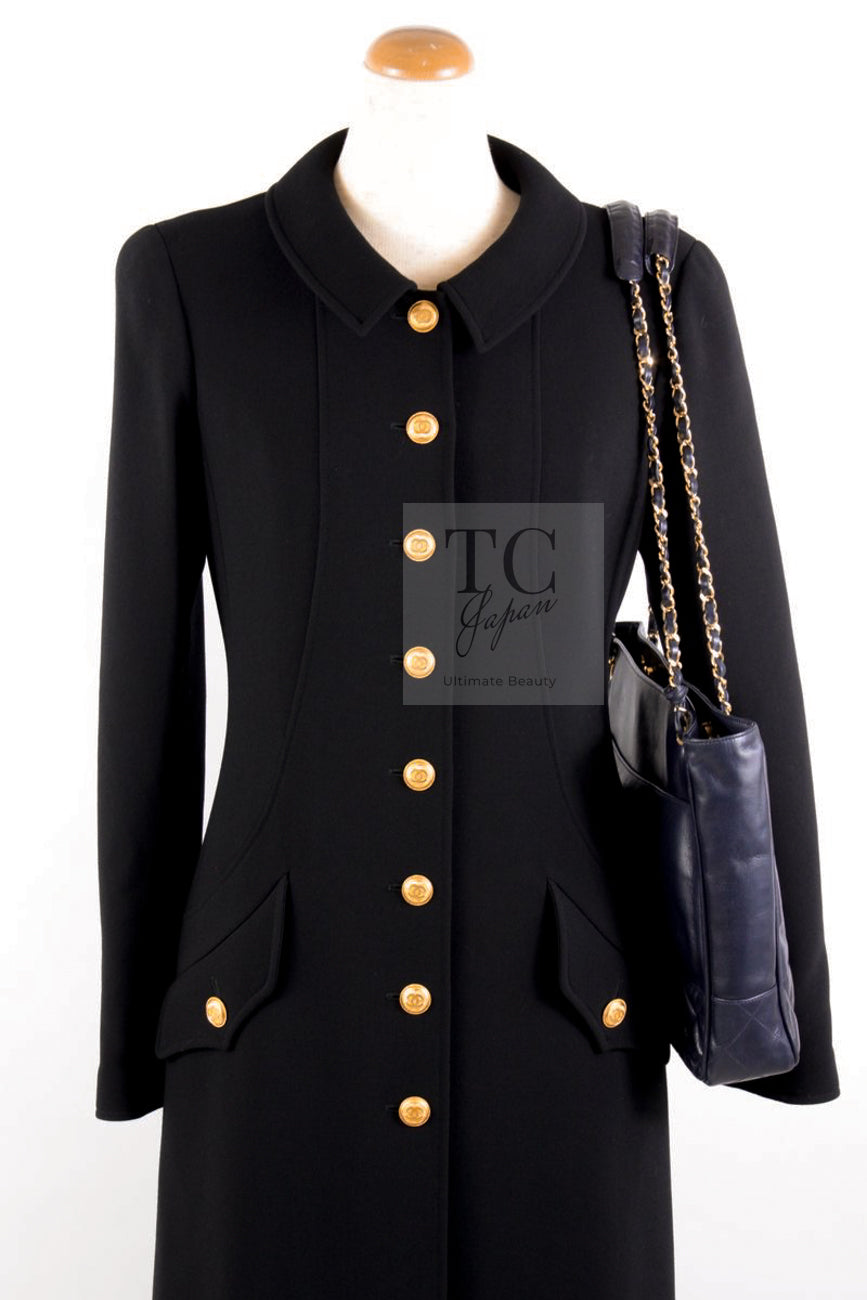 CHANEL 96A Vintage Black Gold Button Wool Long Coat 42 シャネル ヴィンテージ ブラック ゴールド ボタン ウール ロング コート 即発