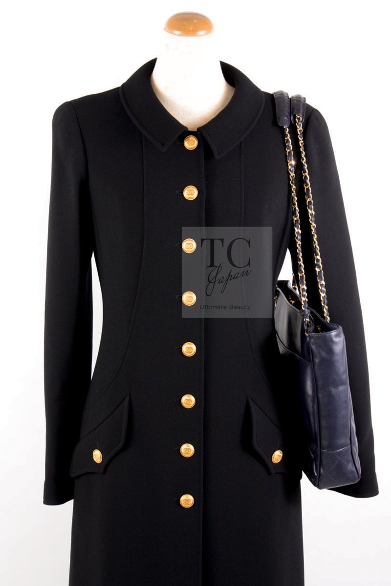 CHANEL 96A Vintage Black Gold Button Wool Long Coat 42 シャネル ヴィンテージ ブラック ゴールド ボタン ウール ロング コート 即発