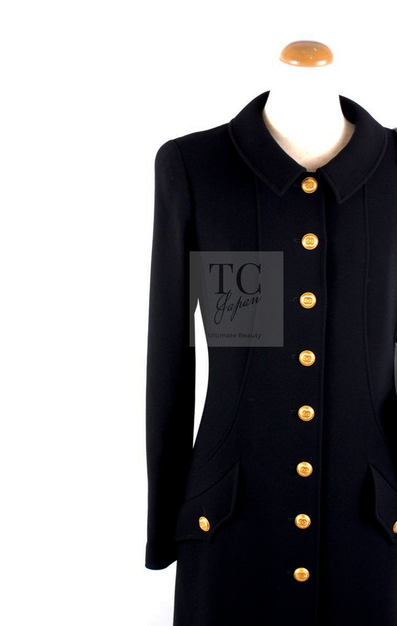 CHANEL 96A Vintage Black Gold Button Wool Long Coat 42 シャネル ヴィンテージ ブラック ゴールド ボタン ウール ロング コート 即発