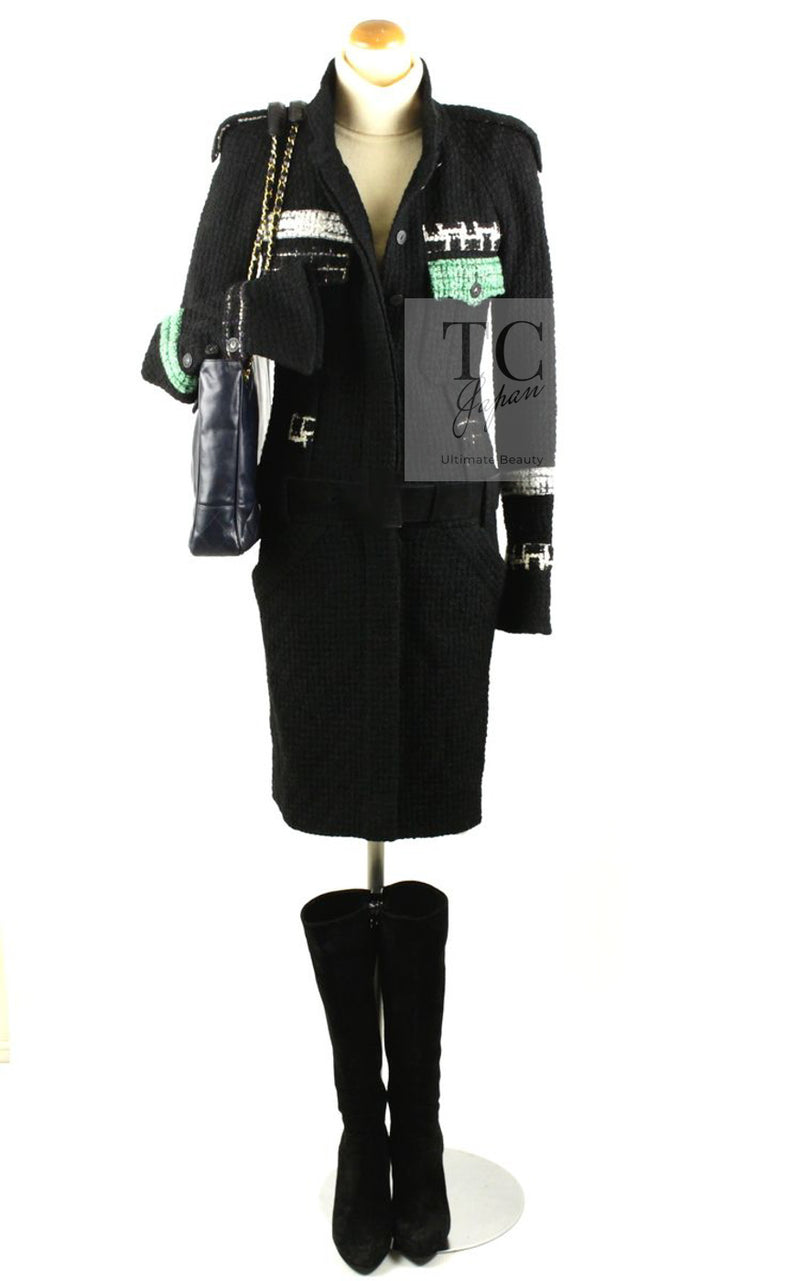 CHANEL 09A Black Green Wool Silk Long Jacket Coat 36 シャネル ブラック グリーン ウール シルク ロング ジャケット コート 即発