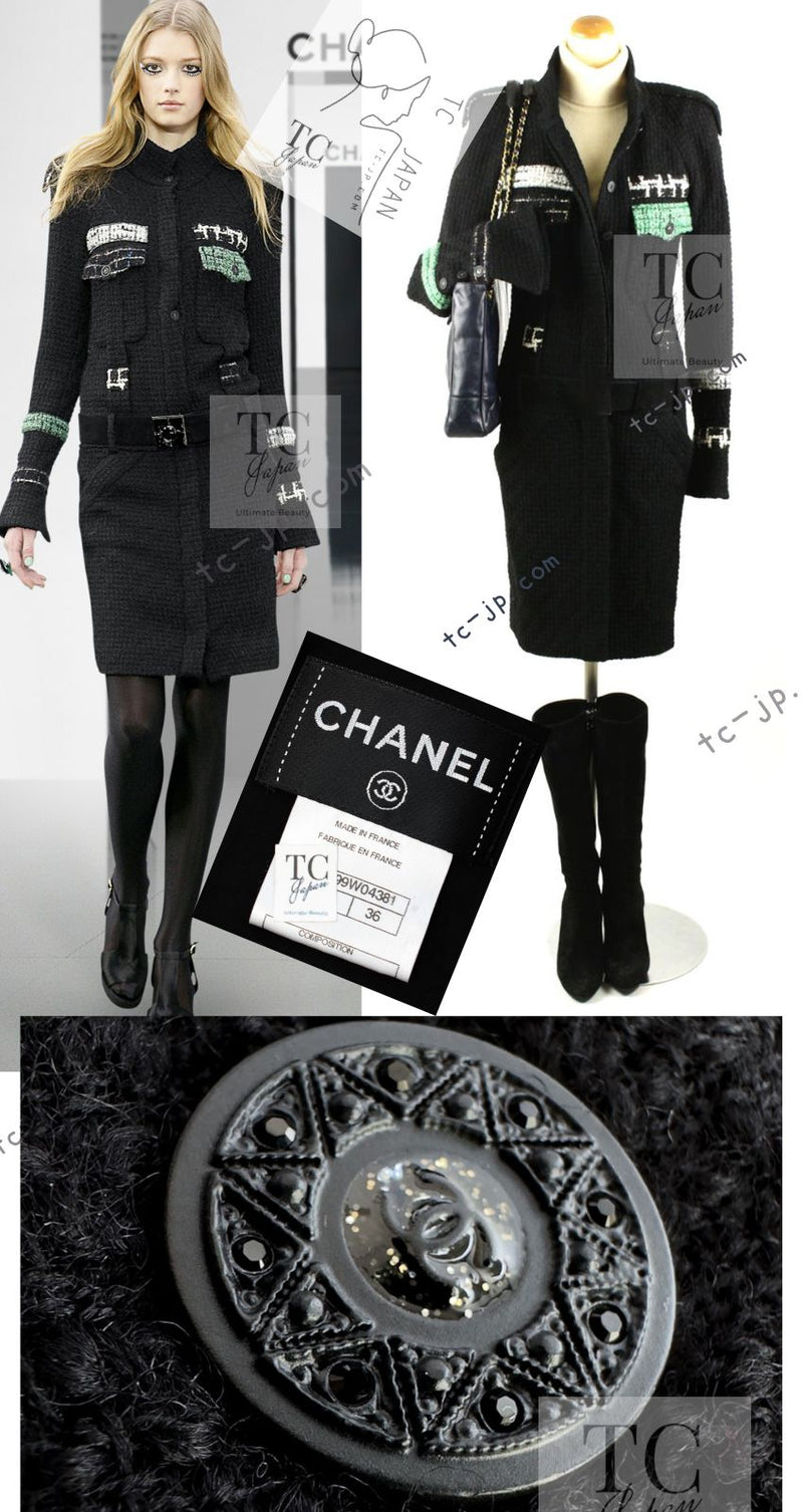 CHANEL 09A Black Green Wool Silk Long Jacket Coat 36 シャネル ブラック グリーン ウール シルク ロング ジャケット コート 即発