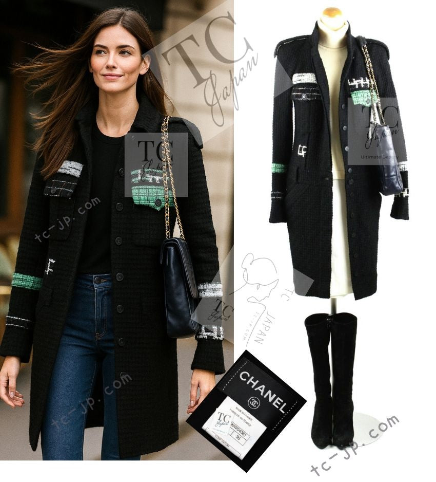 CHANEL 09A Black Green Wool Silk Long Jacket Coat 36 シャネル ブラック グリーン ウール シルク ロング ジャケット コート 即発