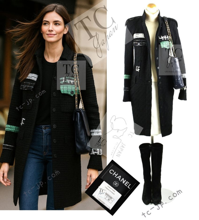 CHANEL 09A Black Green Wool Silk Long Jacket Coat 36 シャネル ブラック グリーン ウール シルク ロング ジャケット コート 即発