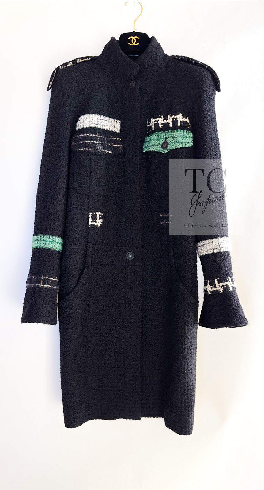 CHANEL 09A Black Green Wool Silk Long Jacket Coat 36 シャネル ブラック グリーン ウール シルク ロング ジャケット コート 即発