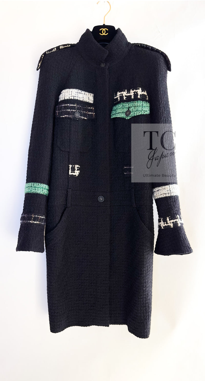 CHANEL 09A Black Green Wool Silk Long Jacket Coat 36 シャネル ブラック グリーン ウール シルク ロング ジャケット コート 即発