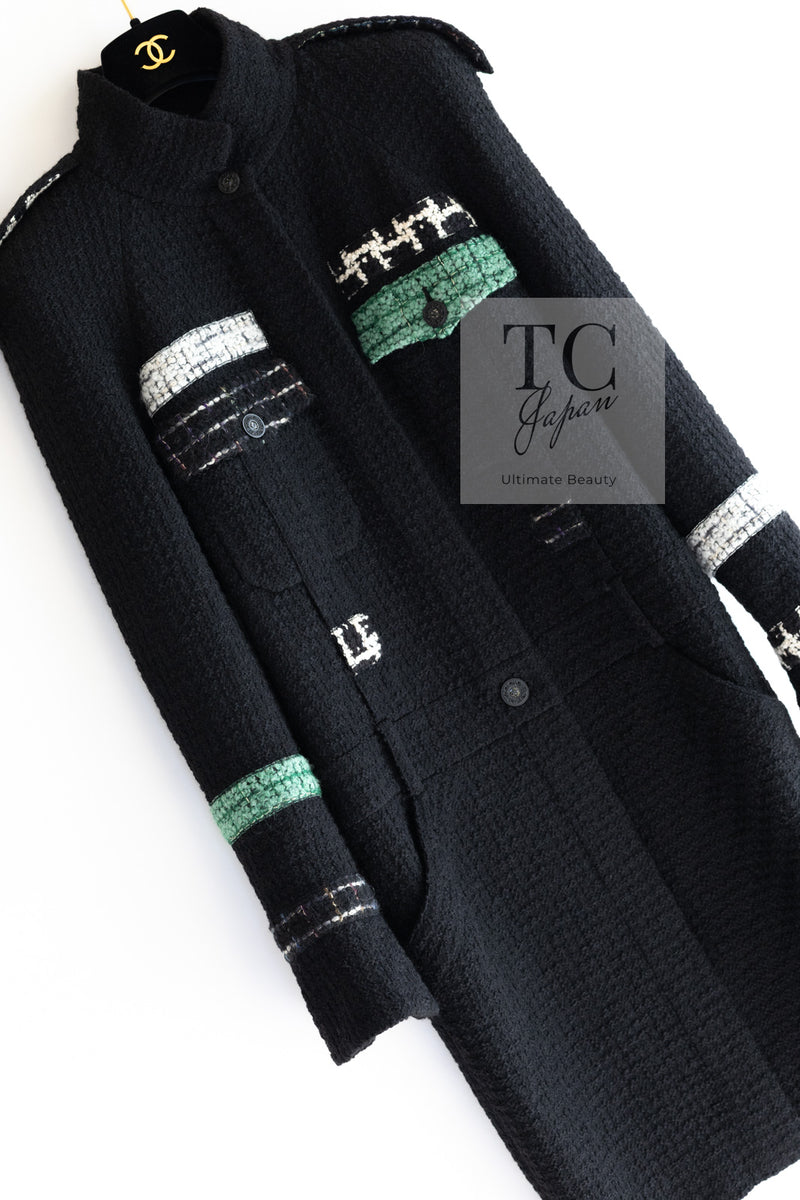 CHANEL 09A Black Green Wool Silk Long Jacket Coat 36 シャネル ブラック グリーン ウール シルク ロング ジャケット コート 即発