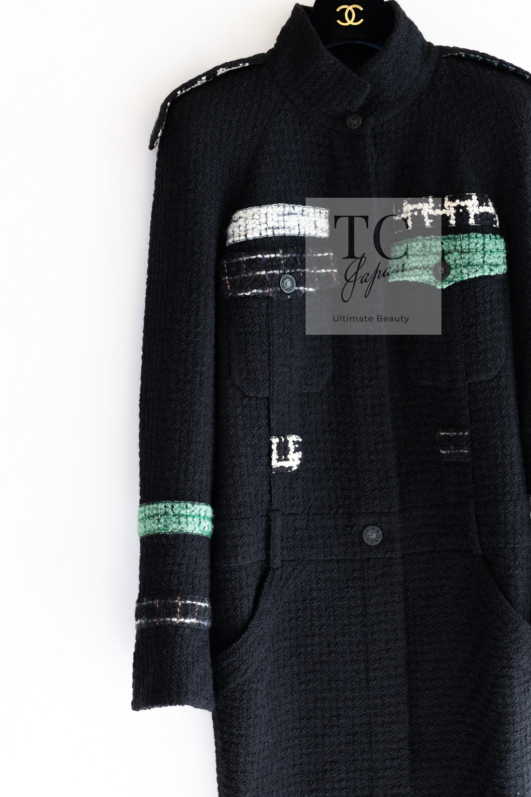 CHANEL 09A Black Green Wool Silk Long Jacket Coat 36 シャネル ブラック グリーン ウール シルク ロング ジャケット コート 即発