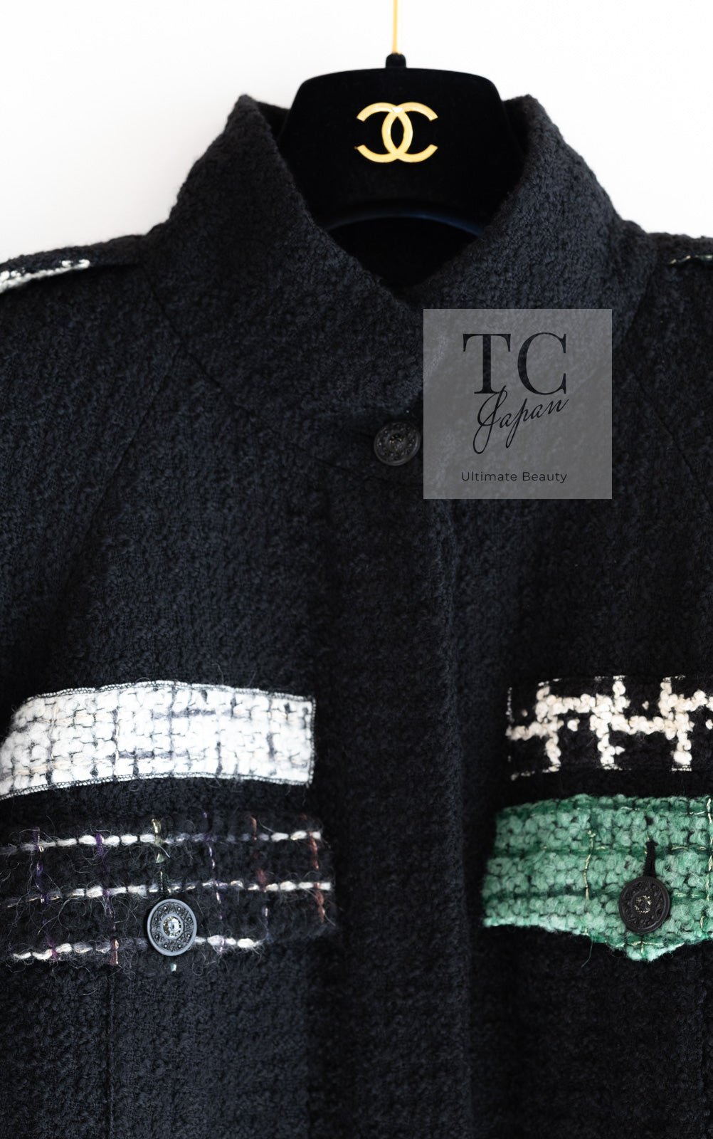 CHANEL 09A Black Green Wool Silk Long Jacket Coat 36 シャネル ブラック グリーン ウール シルク ロング ジャケット コート 即発