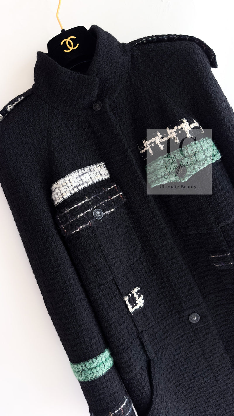 CHANEL 09A Black Green Wool Silk Long Jacket Coat 36 シャネル ブラック グリーン ウール シルク ロング ジャケット コート 即発