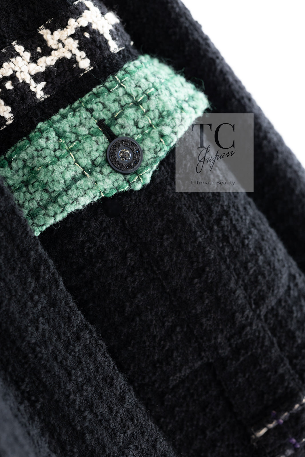 CHANEL 09A Black Green Wool Silk Long Jacket Coat 36 シャネル ブラック グリーン ウール シルク ロング ジャケット コート 即発