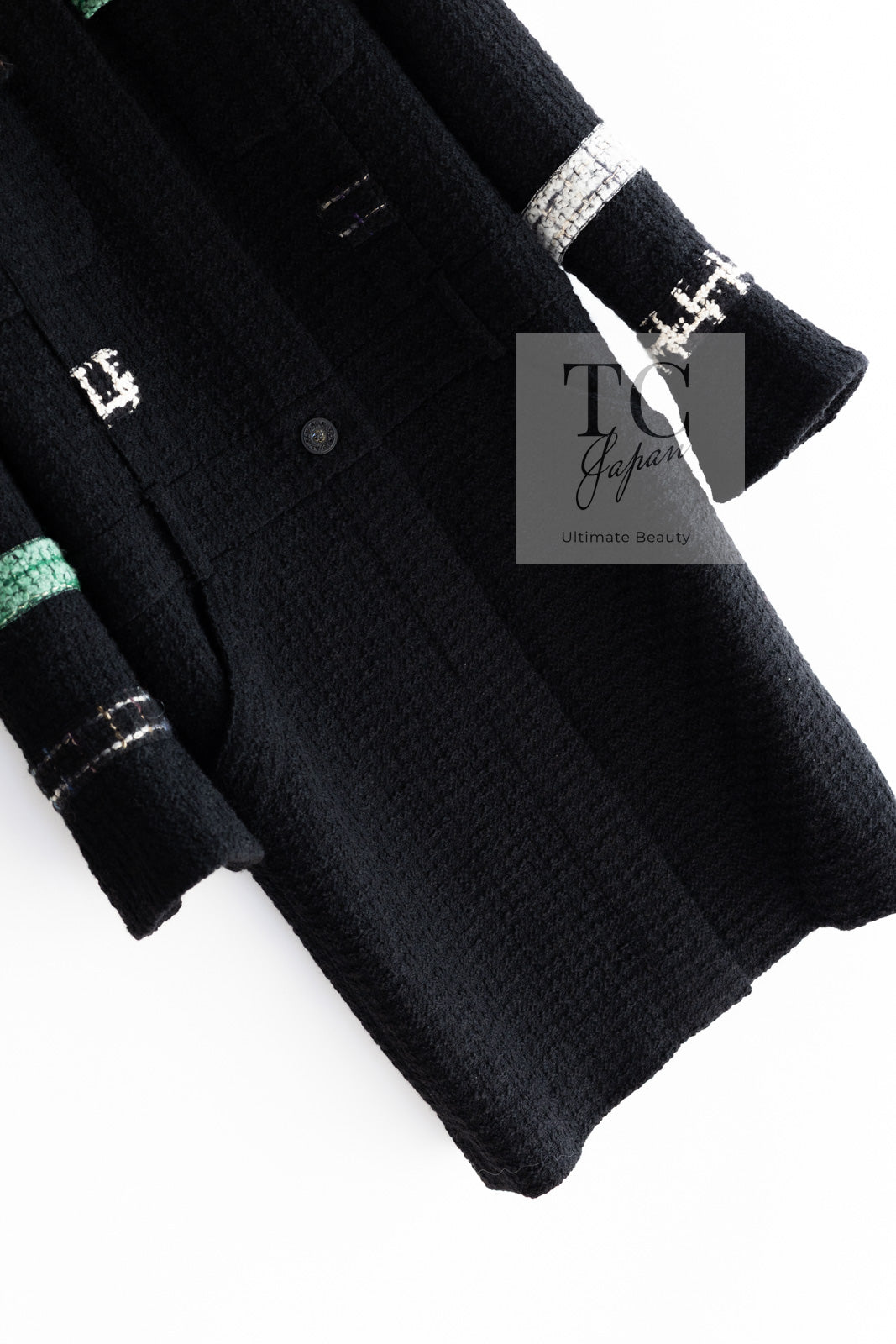 CHANEL 09A Black Green Wool Silk Long Jacket Coat 36 シャネル ブラック グリーン ウール シルク ロング ジャケット コート 即発