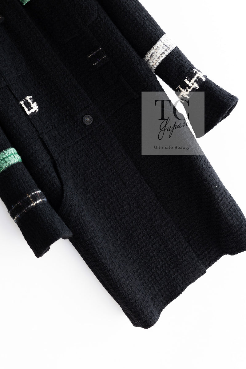 CHANEL 09A Black Green Wool Silk Long Jacket Coat 36 シャネル ブラック グリーン ウール シルク ロング ジャケット コート 即発
