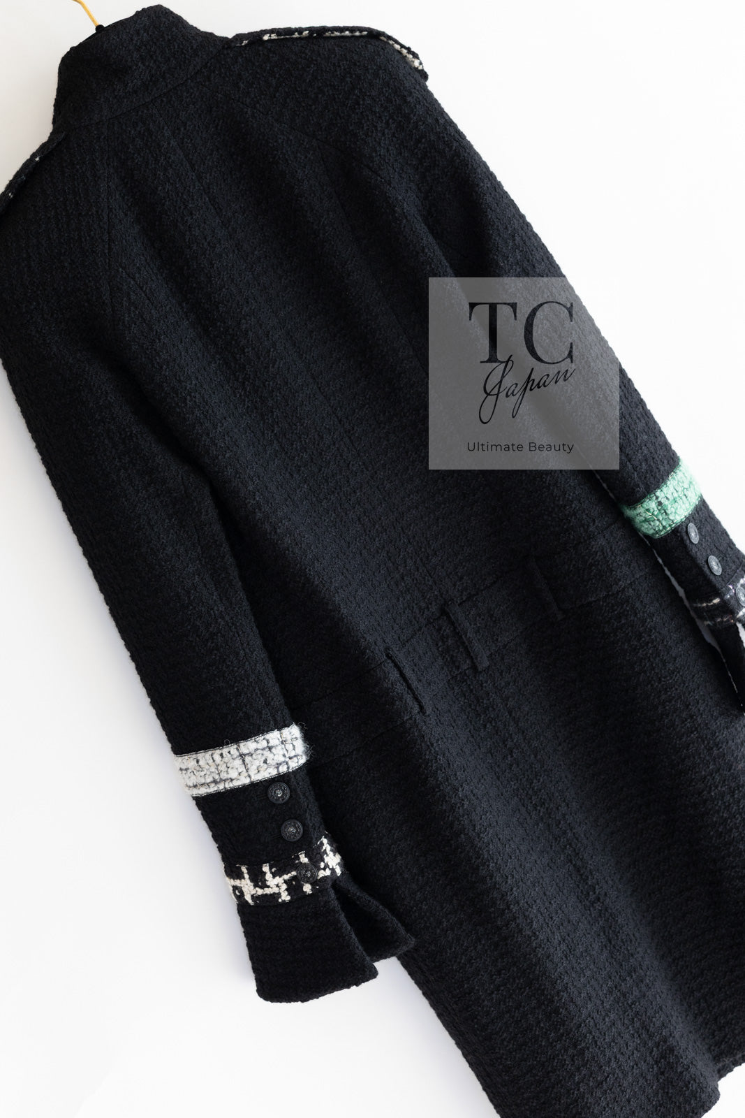 CHANEL 09A Black Green Wool Silk Long Jacket Coat 36 シャネル ブラック グリーン ウール シルク ロング ジャケット コート 即発