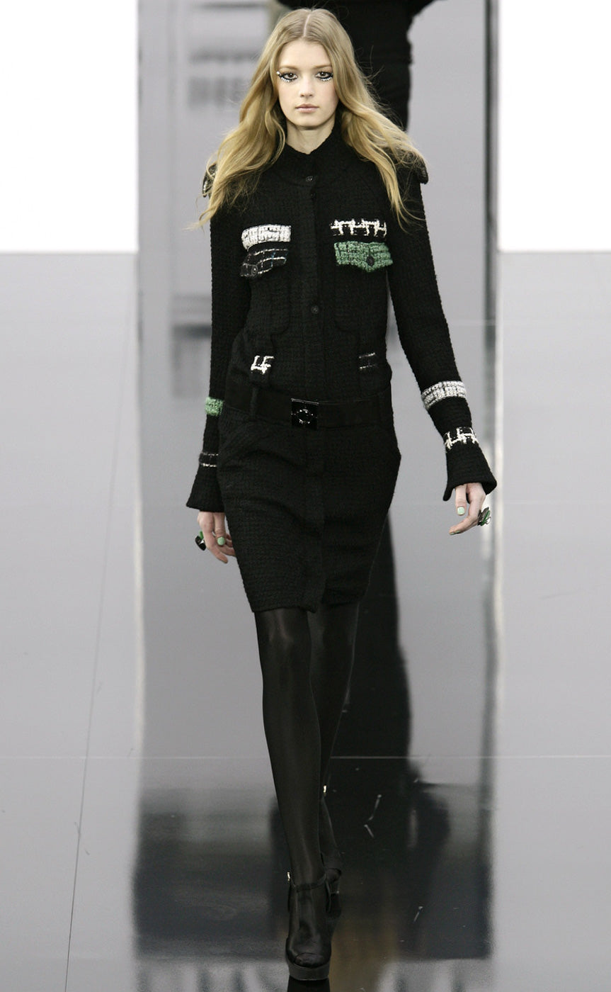 CHANEL 09A Black Green Wool Silk Long Jacket Coat 36 シャネル ブラック グリーン ウール シルク ロング ジャケット コート 即発