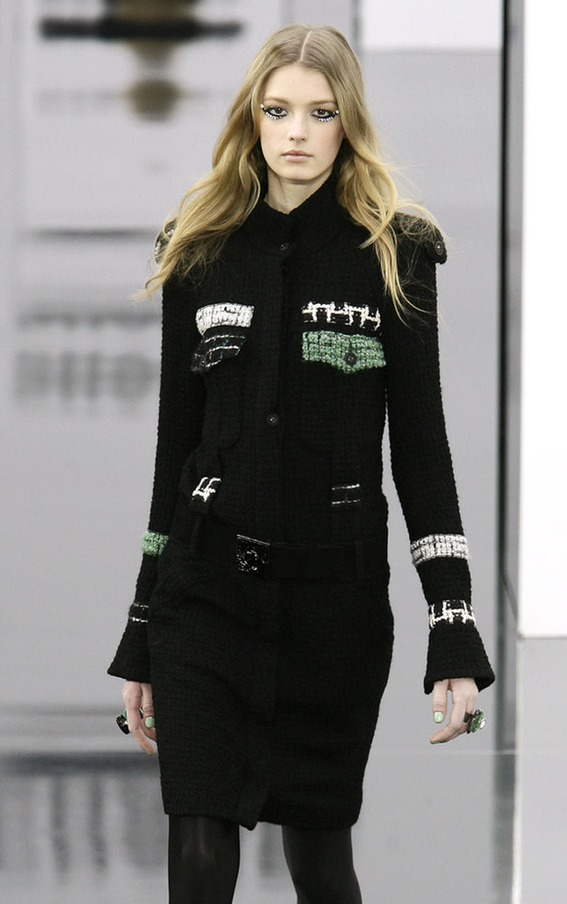 CHANEL 09A Black Green Wool Silk Long Jacket Coat 36 シャネル ブラック グリーン ウール シルク ロング ジャケット コート 即発