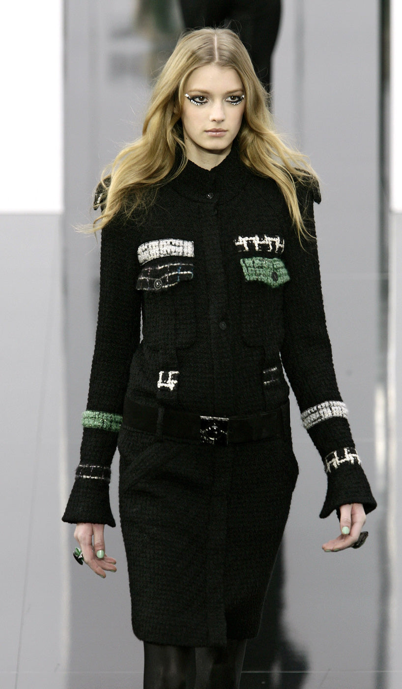 CHANEL 09A Black Green Wool Silk Long Jacket Coat 36 シャネル ブラック グリーン ウール シルク ロング ジャケット コート 即発