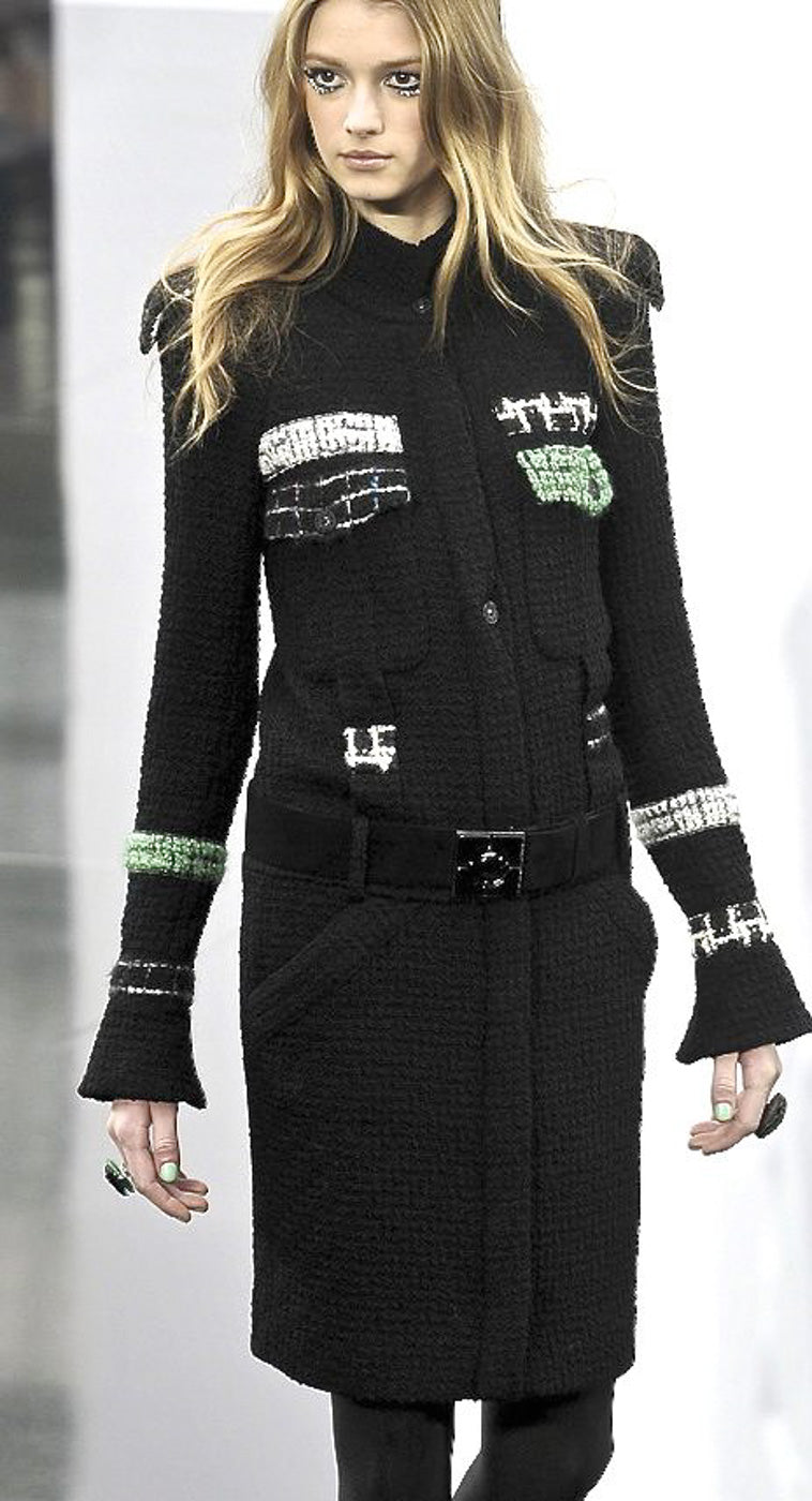 CHANEL 09A Black Green Wool Silk Long Jacket Coat 36 シャネル ブラック グリーン ウール シルク ロング ジャケット コート 即発