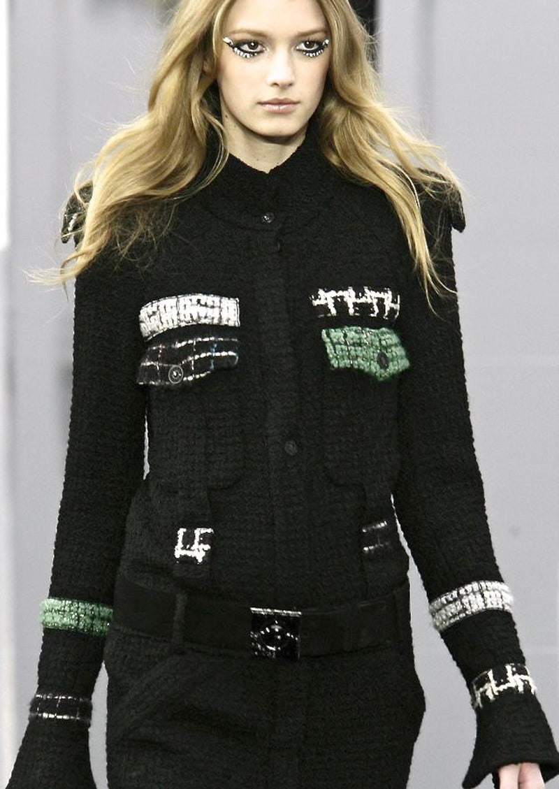 CHANEL 09A Black Green Wool Silk Long Jacket Coat 36 シャネル ブラック グリーン ウール シルク ロング ジャケット コート 即発