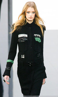 CHANEL 09A Black Green Wool Silk Long Jacket Coat 36 シャネル ブラック グリーン ウール シルク ロング ジャケット コート 即発