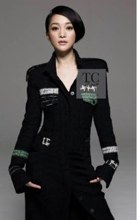 CHANEL 09A Black Green Wool Silk Long Jacket Coat 36 シャネル ブラック グリーン ウール シルク ロング ジャケット コート 即発