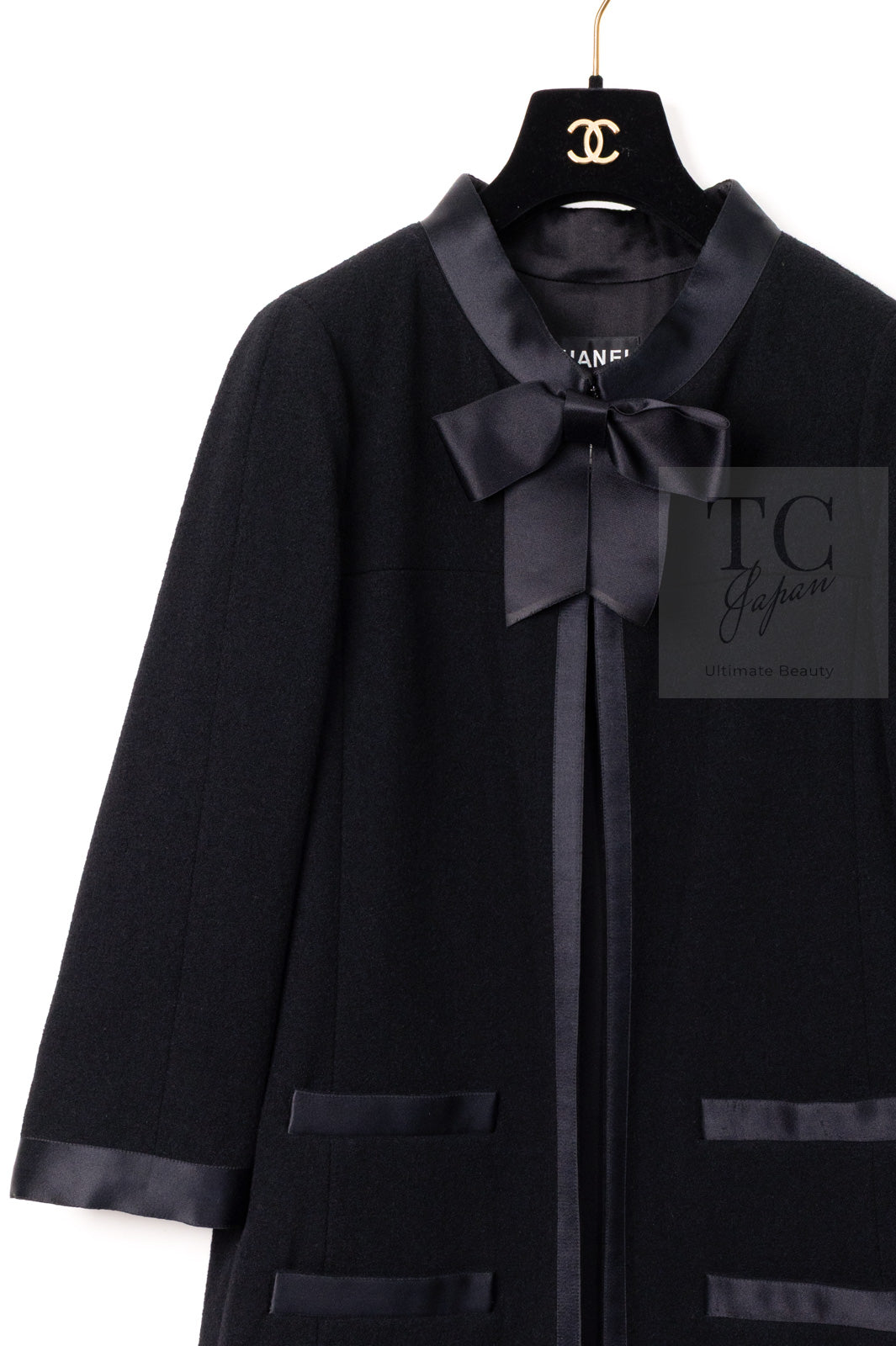 CHANEL 05A Black Bow Wool Long Coat 40 シャネル ブラック リボン ウール ロング コート 即発