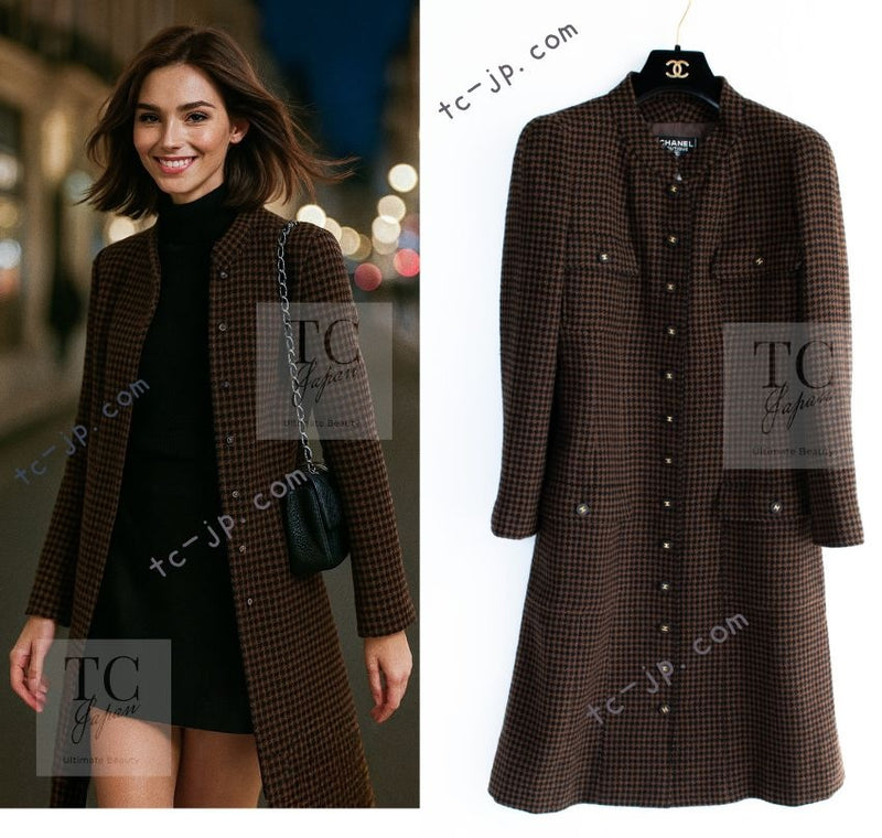 CHANEL 96A Vintage Brown Black Houndstooth Dress Coat 38 シャネル ヴィンテージ ブラウン ブラック 千鳥格子 ココボタン ワンピース コート 即発