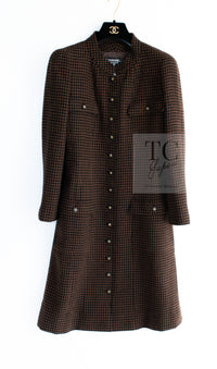 CHANEL 96A Vintage Brown Black Houndstooth Dress Coat 38 シャネル ヴィンテージ ブラウン ブラック 千鳥格子 ココボタン ワンピース コート 即発
