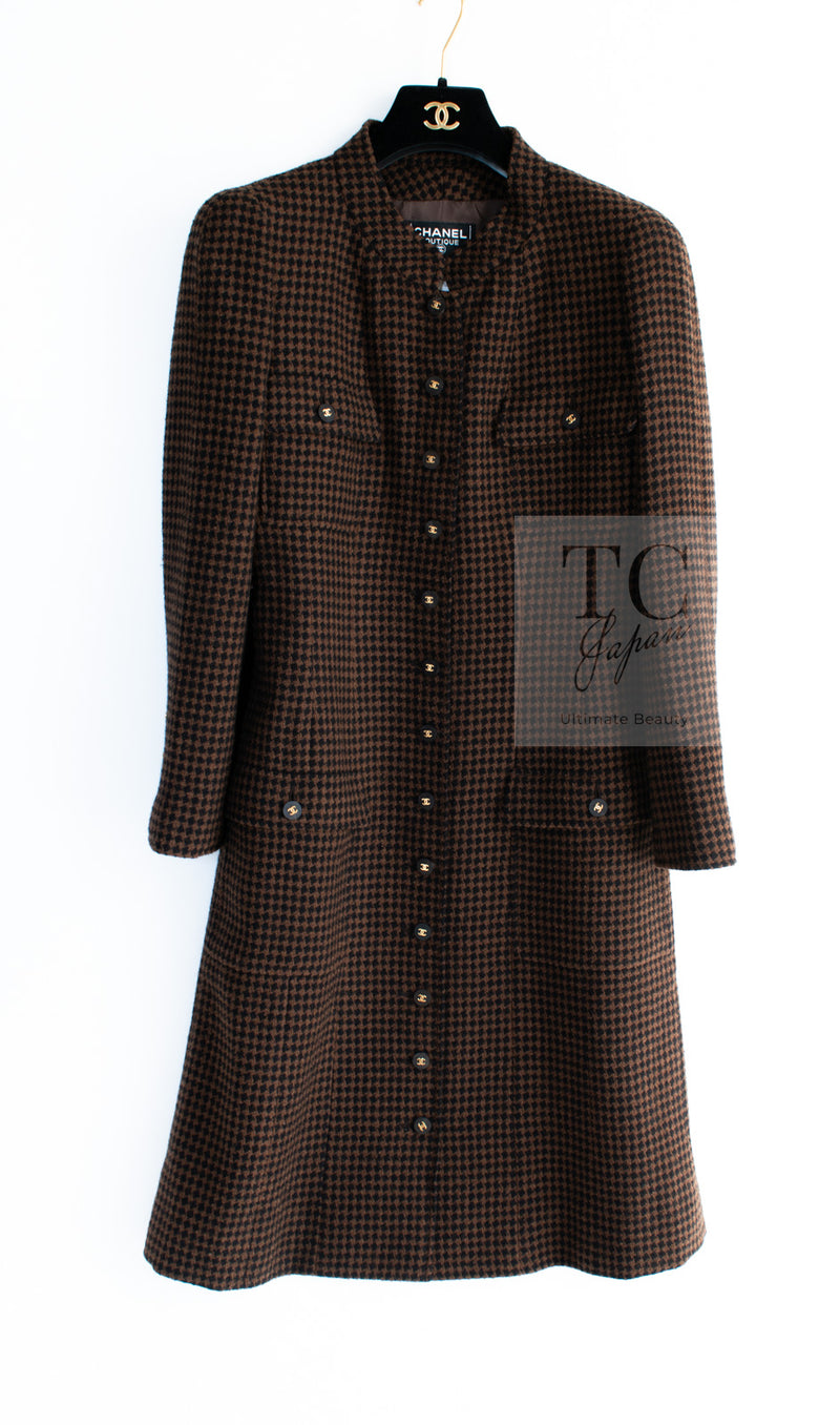 CHANEL 96A Vintage Brown Black Houndstooth Dress Coat 38 シャネル ヴィンテージ ブラウン ブラック 千鳥格子 ココボタン ワンピース コート 即発