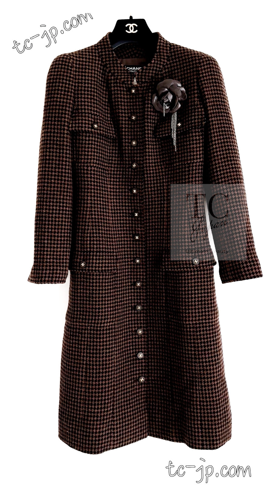 CHANEL 96A Vintage Brown Black Houndstooth Dress Coat 38 シャネル ヴィンテージ ブラウン ブラック 千鳥格子 ココボタン ワンピース コート 即発
